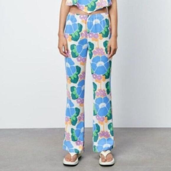 ZARA Pants S Floral Straight Leg Pajama Style Groove Retro Bohemiam Hippie NWOT - Picture 3 of 15